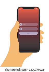 Log in page on smartphone screen. Hand holds the smartphone.