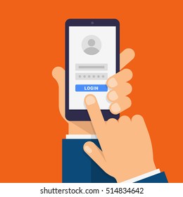 Log in page on smartphone screen. Hand holds the smartphone and finger touches screen. Modern Flat design illustration.