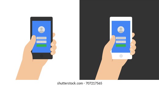 Log in page on smartphone screen. Hand holds the smartphone. Modern Flat design illustration.