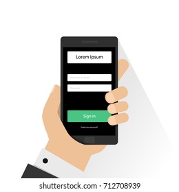 Log in page on smartphone screen. Hand holds the smartphone and finger touches screen. Modern Flat design illustration. Vector