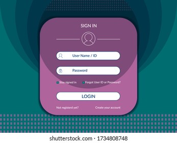Log in page. Sign up web forms with the detailed description. Simple login screen template. Vector design. Pop up with buttons and inputs. UI, UX web elements. Login page, sing in page. login.