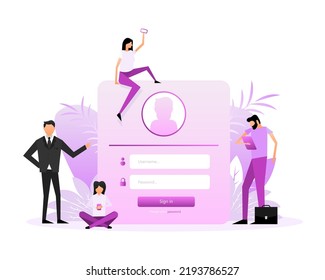 Ingresa gente. Isométrica ilustración vectorial. Ilustración con personas que inician sesión para el diseño de aplicaciones móviles