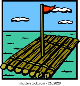 log raft with flag in the sea