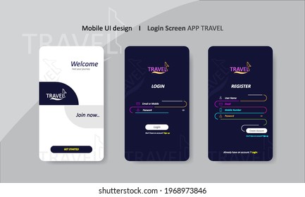 Log in and register for travel app UI design with dark background. Vector illustrator