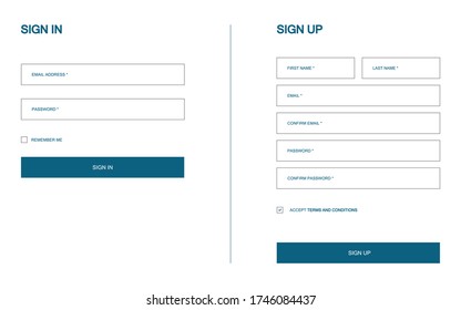 Log in and registration form. Template for sign in and sign up. Blank editable fields for members. New and existing user mockup form. Email, password and first name box. Checkmark for terms.