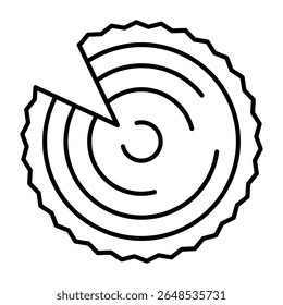 Anel de registro com casca de árvore ícone de linha fina, conceito da indústria florestal. Gráficos vetoriais. Corte de log lascado, sinal de trabalho de madeira no fundo branco, móvel estilo ou design