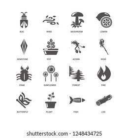 Log, Rose, Acorn, Butterfly, Fire, Bug, Gemstone, Crab, Fish, Plant, Mushroom icon 16 set EPS 10 vector format. Icons optimized for both large and small resolutions.