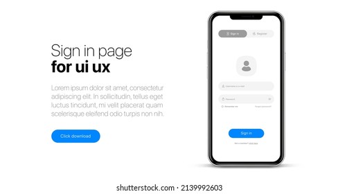 Log in screen. Mobile application interface, registration form with login and password fields. Website UI UX with buttons and network account sign. Vector web page mockup for smartphone.