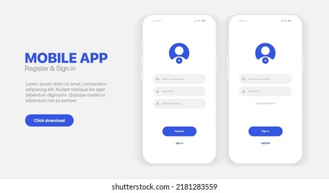 Log in screen. Mobile application interface, registration form with login and password fields. Website UI UX with buttons and network account sign. Vector web page mockup for smartphone.