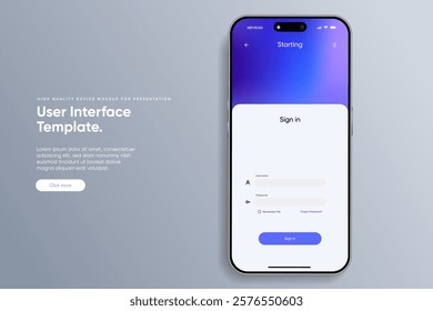 Log in screen. Mobile application interface, registration form with login and password fields. Website UI UX with buttons and network account sign. Vector web page mockup for smartphone.