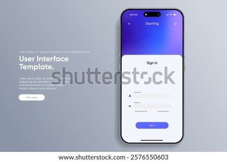Log in screen. Mobile application interface, registration form with login and password fields. Website UI UX with buttons and network account sign. Vector web page mockup for smartphone.