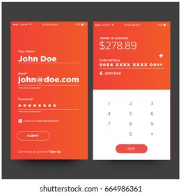 Log In Sign Up and Account Balance Detail UI Screens with Number Pad