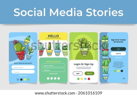 Log in sign up form page cartoon cactus design set vector flat illustration. Social media stories mobile web user interface create account profile password isolated. App registration gui template