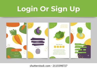 Log in sign up mobile screen user interface vegetables design collection vector flat illustration. Website app login registration page agricultural seasonal harvest eco food decor realistic template