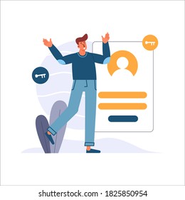 Log in or sign out, happy young man in casual clothes with profile screen and key logo, male person with profile page and profile picture vector illustration for website