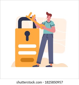 Log in or sign out, happy young man in casual clothes holding a big key and a huge padlock with log in screen vector illustration for website