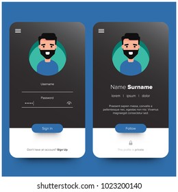 Log In and Sign Up UI UX Screen Design With Profile Details and Illustration of Beard Man