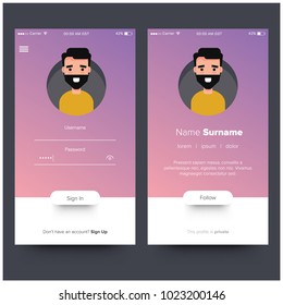Log In and Sign Up UI UX Screen Design With Profile Details and Illustration of Beard Man