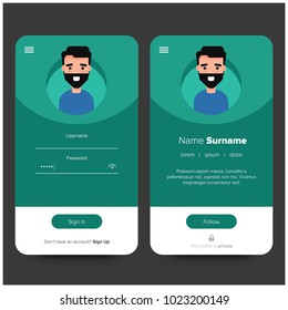 Log In and Sign Up UI UX Screen Design With Profile Details and Illustration of Beard Man