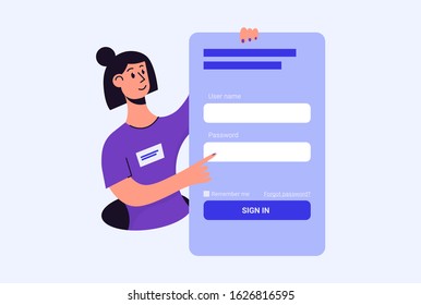 Log in or sign in UI web concept – vector illustration in flat style. Woman holding online form with user name and password to login into account or profile on online platform. 