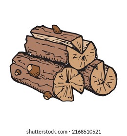 Log stack ready for camp fire, hand drawn colored outline drawing. Firewood single pile, cartoonish pen drawing symbol. Piece of wood 3d object drawing. Nature branch brown details.