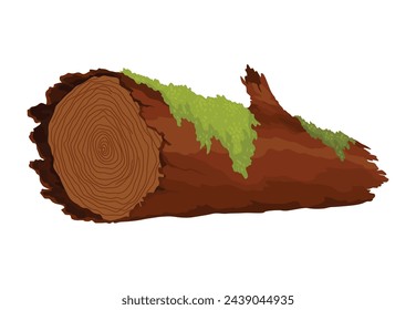 Log, stump in moss. Cartoon tree lichen in swamp jungle. Broken oak in tropical damp forest. Isolated vector design element on white background