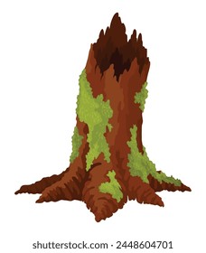 Log, stump in moss. Cartoon tree lichen in swamp jungle. Broken oak in tropical damp forest. Isolated vector design element on white background