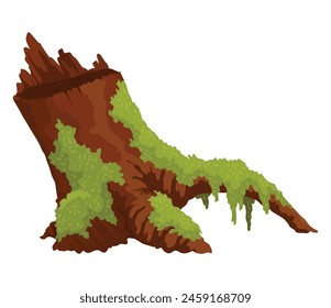 Log, stump in moss. Cartoon tree lichen in swamp jungle. Broken oak in tropical damp forest. Isolated vector design element on white background