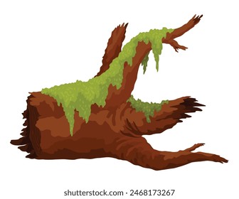 Log, stump in moss. Cartoon tree lichen in swamp jungle. Broken oak in tropical damp forest. Isolated vector design element on white background