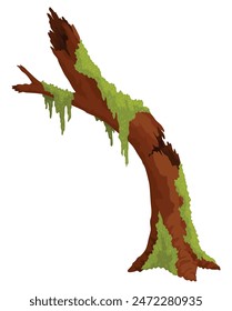 Log, stump in moss. Cartoon tree lichen in swamp jungle. Broken oak in tropical damp forest. Isolated vector design element on white background