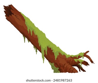 Log, stump in moss. Cartoon tree lichen in swamp jungle. Broken oak in tropical damp forest. Isolated vector design element on white background