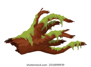 Log, stump in moss. Cartoon tree lichen in swamp jungle. Broken oak in tropical damp forest. Isolated vector design element on white background