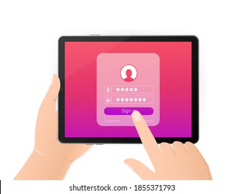 Log in tablet hands, great design for any purposes. Vector illustration flat design. Laptop screen. Phone icon vector. Cartoon button with log in tablet hands.