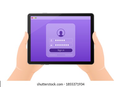 Log in tablet hands, great design for any purposes. Vector illustration flat design. Laptop screen. Phone icon vector. Cartoon button with log in tablet hands.