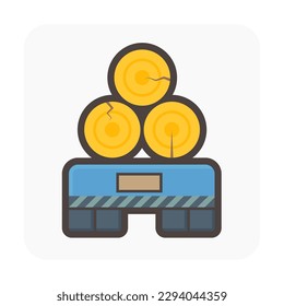 Log transportation vector icon. May called pile of long wood, timber on trailer truck at back or rear view. Vehicle to move, transport raw wood material on road from forest to sawmill factory.