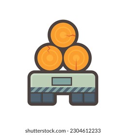 Log transportation vector icon. May called pile of long wood, timber on trailer truck at back or rear view. Vehicle to move, transport raw wood material on road from forest to sawmill factory.