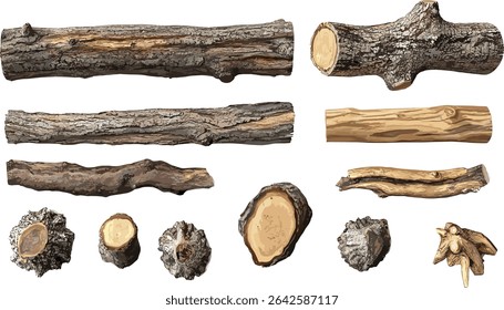 Log trees cutout vector hardwood collections backgrounds, wooden logs, woodpile, forest elements, sawmill, nature resources, tree rings, natural wood, eco material, trunk slices