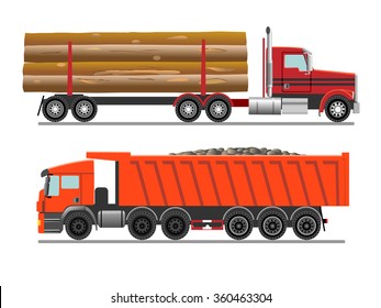 a log truck and dump truck on white background.eps10