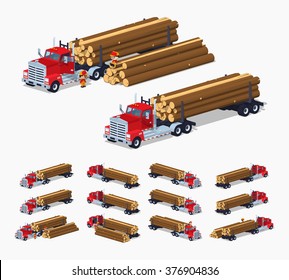 Log truck with the pile of logs. 3D lowpoly isometric vector illustration. The set of objects isolated against the white background and shown from different sides