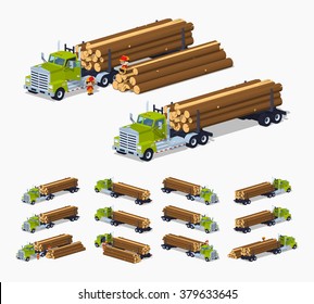 Log truck with the pile of logs. 3D lowpoly isometric vector illustration. The set of objects isolated against the white background and shown from different sides