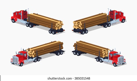 Log truck with the pile of logs. 3D lowpoly isometric vector illustration. The set of objects isolated against the white background and shown from different sides