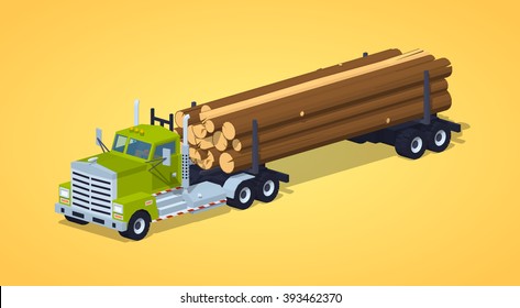 Log truck with the pile of logs against the yellow background. 3D lowpoly isometric vector illustration