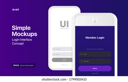 Log In Window UI Interface Concept. Simple Mockup. UI Interface With White Phone Mockup. Vector Illustration On Gradient Background