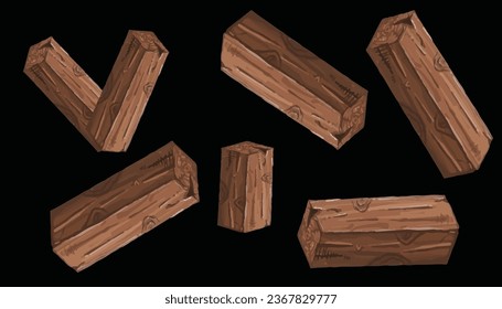 Log Wood Set Vector. Wooden on 
black background. 