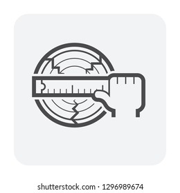 Log wood or timber, measurement tape tool or scale vector icon. To measure long, length, size, diameter for check volume by lumberjack, worker or professional in wood production and sawmill industry.