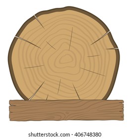 The log and wooden board - timber label. Tree with growth rings and an old wooden board.