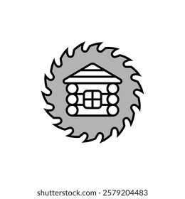 Log wooden house icon and logo and circular saw blade. Isolated vector illustration on white background.