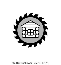 Log wooden house icon and logo and circular saw blade. Isolated vector illustration on white background.