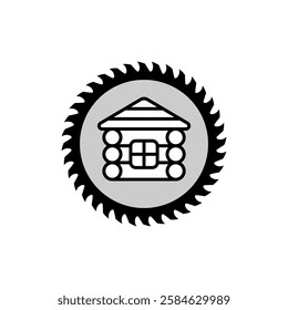 Log wooden house icon and logo and circular saw blade. Isolated vector illustration on white background.