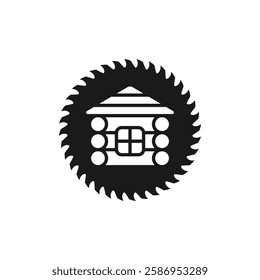 Log wooden house icon and logo and circular saw blade. Isolated vector illustration on white background.